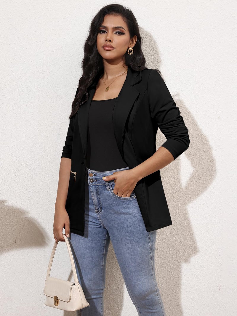 Genhoo Womens Casual Long Sleeve Cardigan Work Solid Color Knit Blazer with Zip Pockets Black M - Image 3